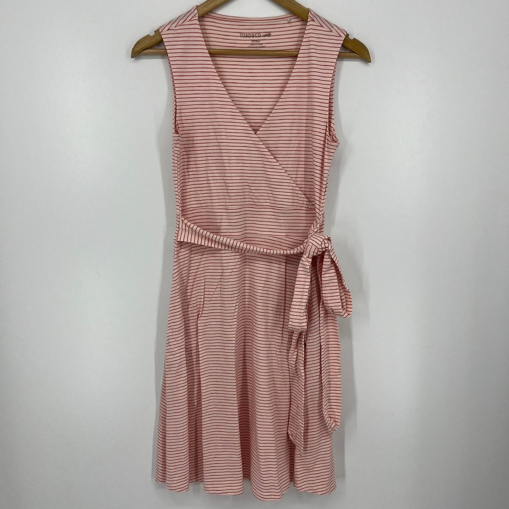 Toad&Co Cue Sleeveless Dress Pink Red Striped Wrap V-Neck Size S Small - Picture 1 of 12